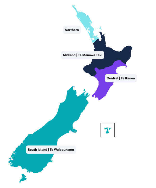 Map of New Zealand showing the 4 regions of Health NZ