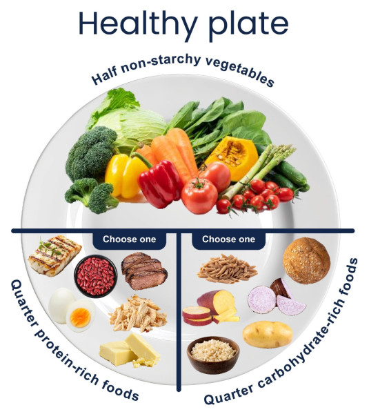 An image of a plate divided into half vegetables, quarter carbohydrates like potatoes or pasta, and a quarter proteins like fish or beans.